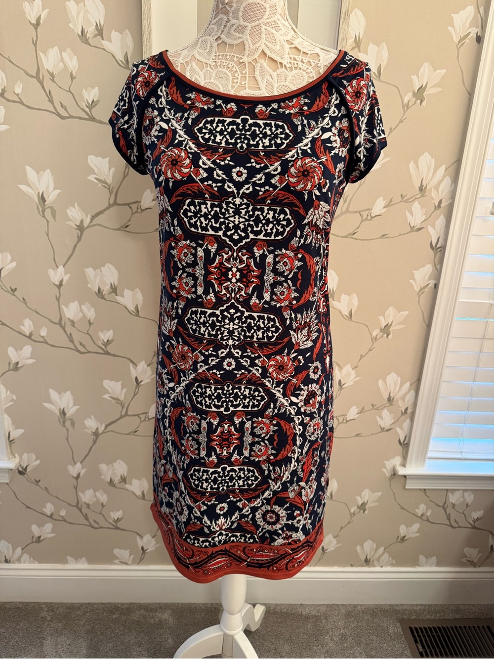 Max Studio Navy Floral Paisley Shift with Red Accents